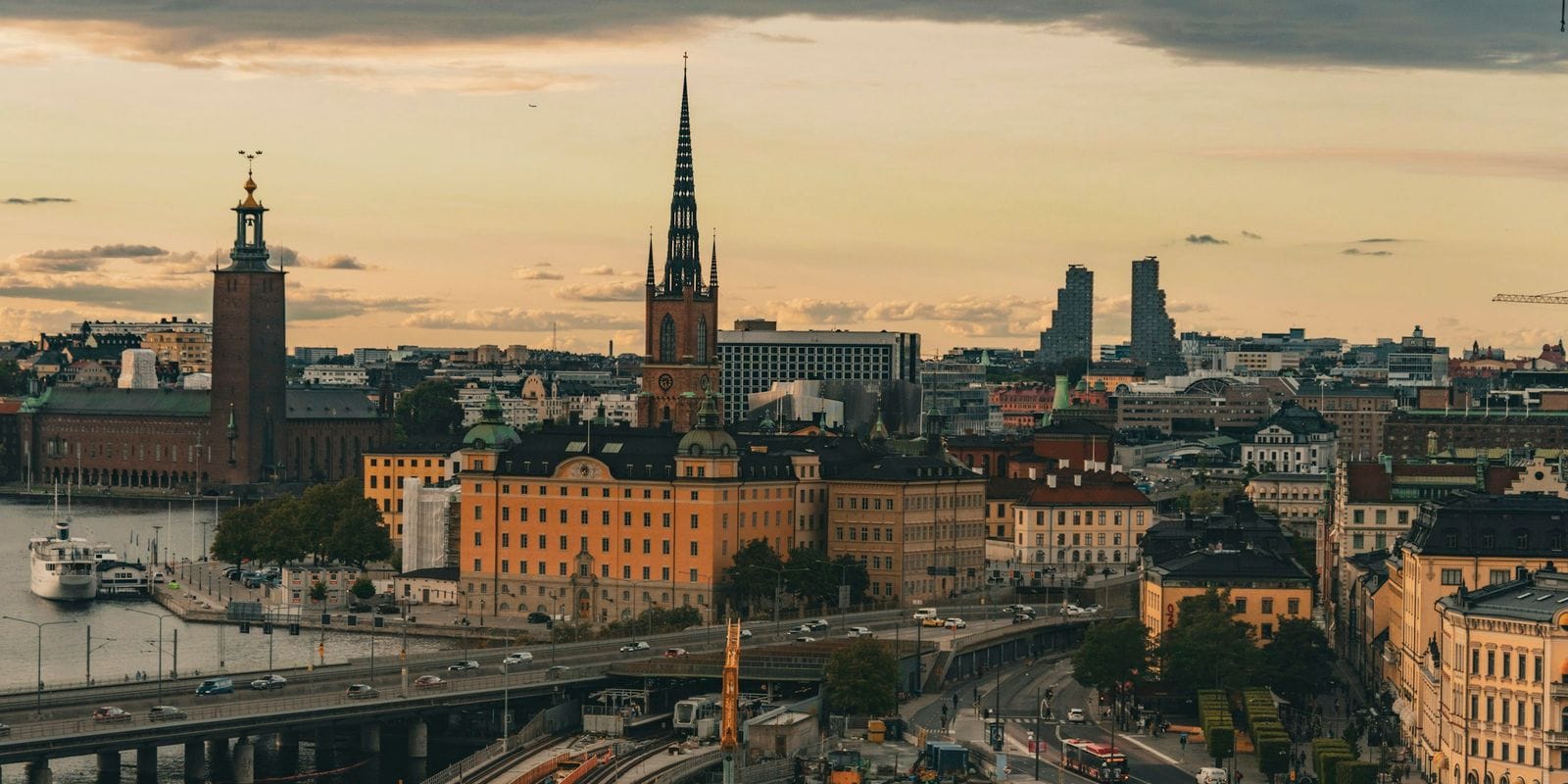 Stockholm in the evening light with the City Hall and Riddarholmen Church.
